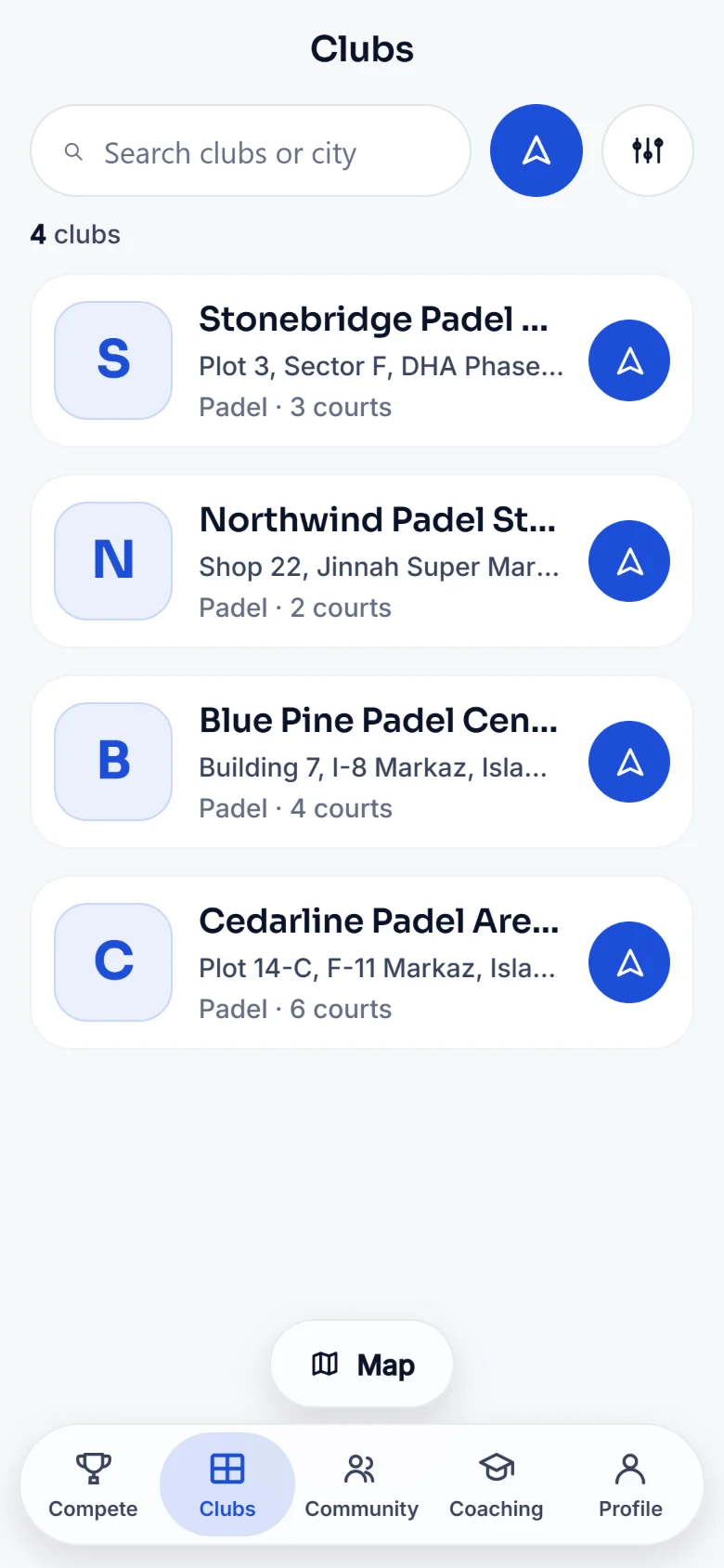 Clubs list in the RAQET app