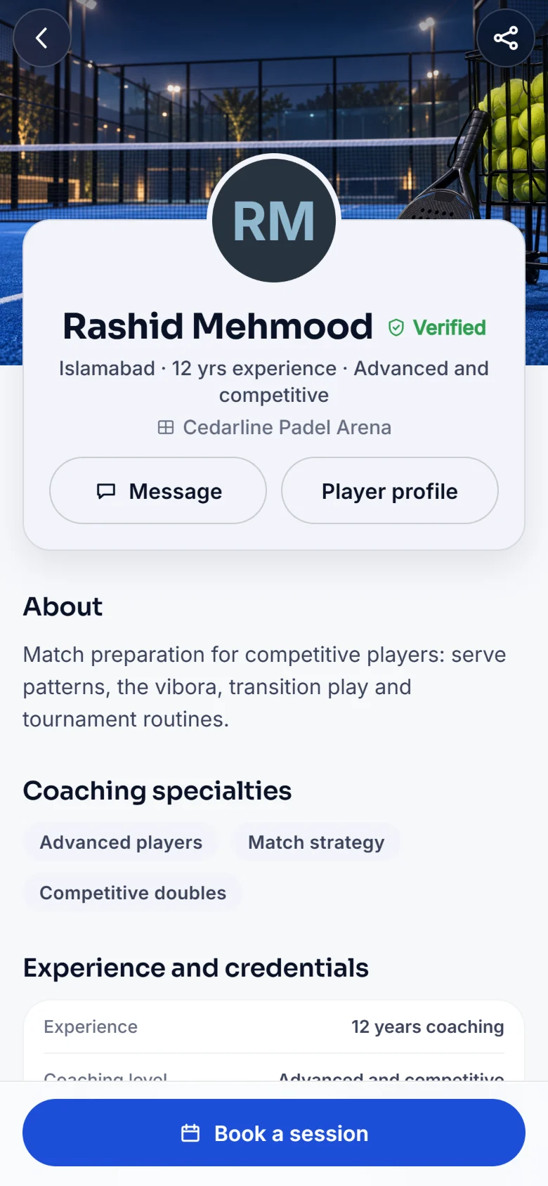 A coach profile with packages in the RAQET app