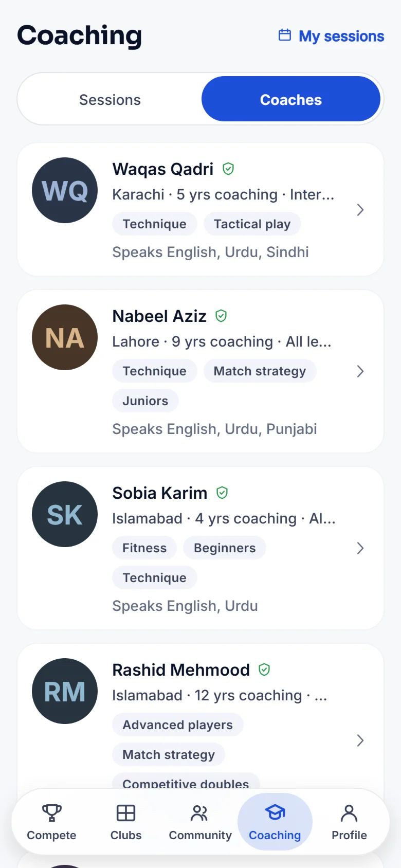 Coach directory in the RAQET app