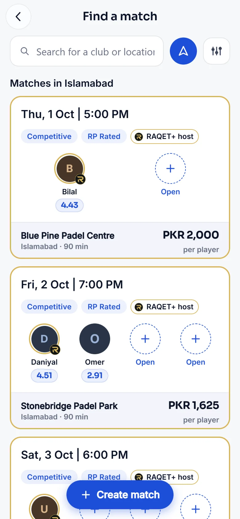 Finding a match in the RAQET app