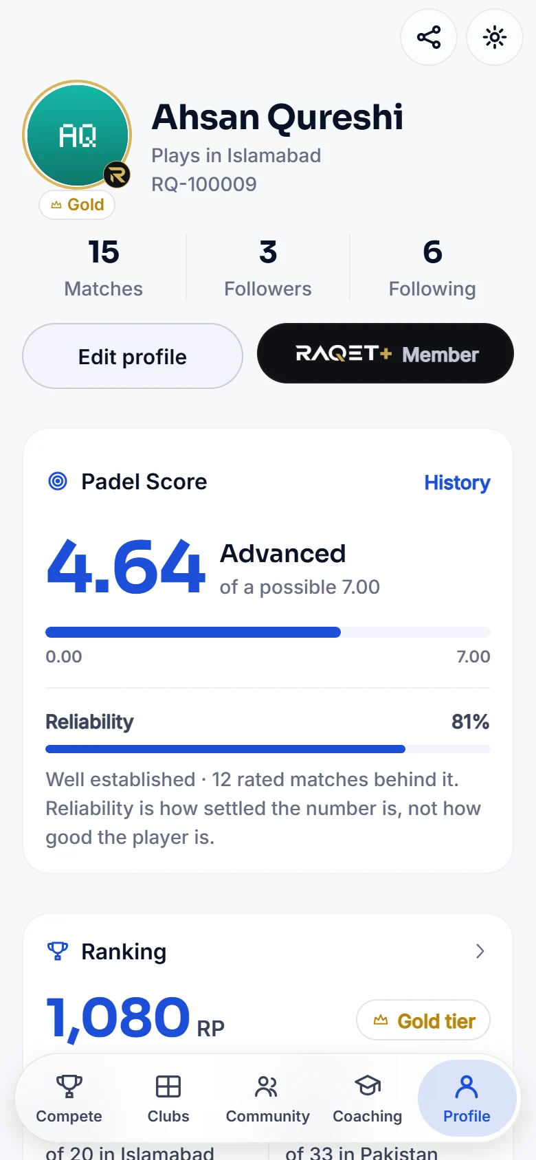 A RAQET+ member profile with the thin gold ring, the RAQET+ badge and RAQET+ Member status